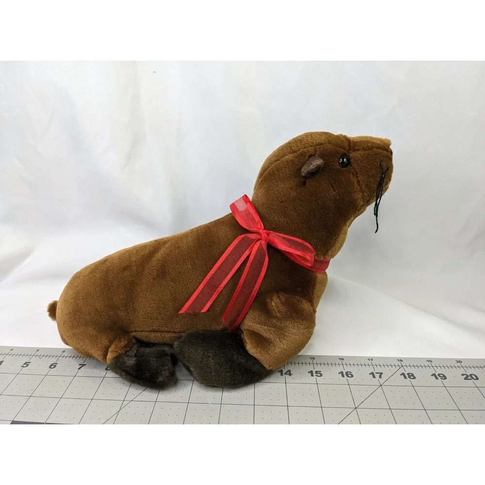 K&M Intl Brown Seal Plush Red Ribbon 13.5 Inch Long‎ 2005 Stuffed Animal Toy